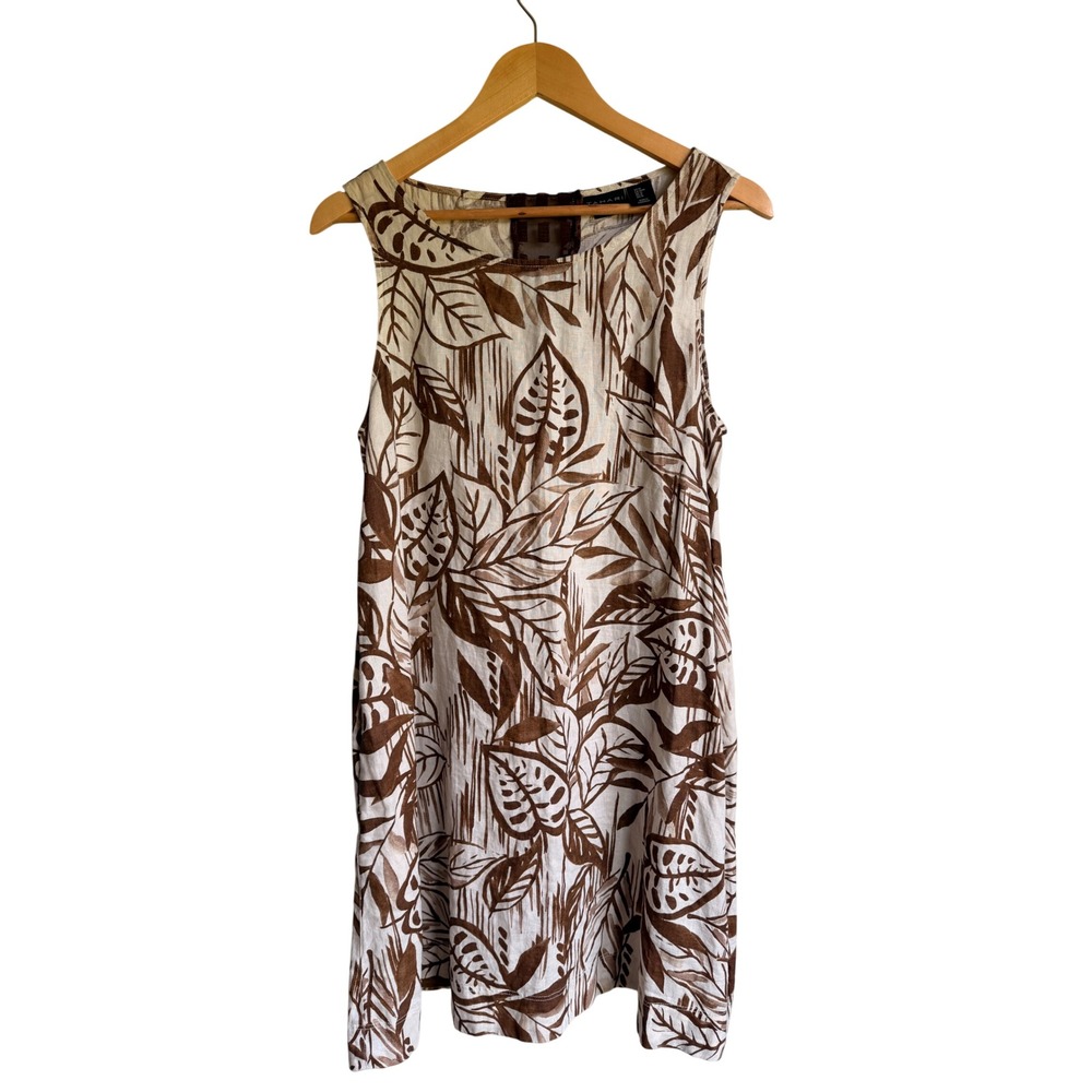 Tahari Women Brown Cream 100% Linen Tropical Leaf Print Shift Dress Pockets M